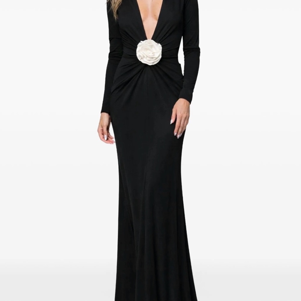 Black Long-Sleeve Plunging Gown with White Rosette Accent